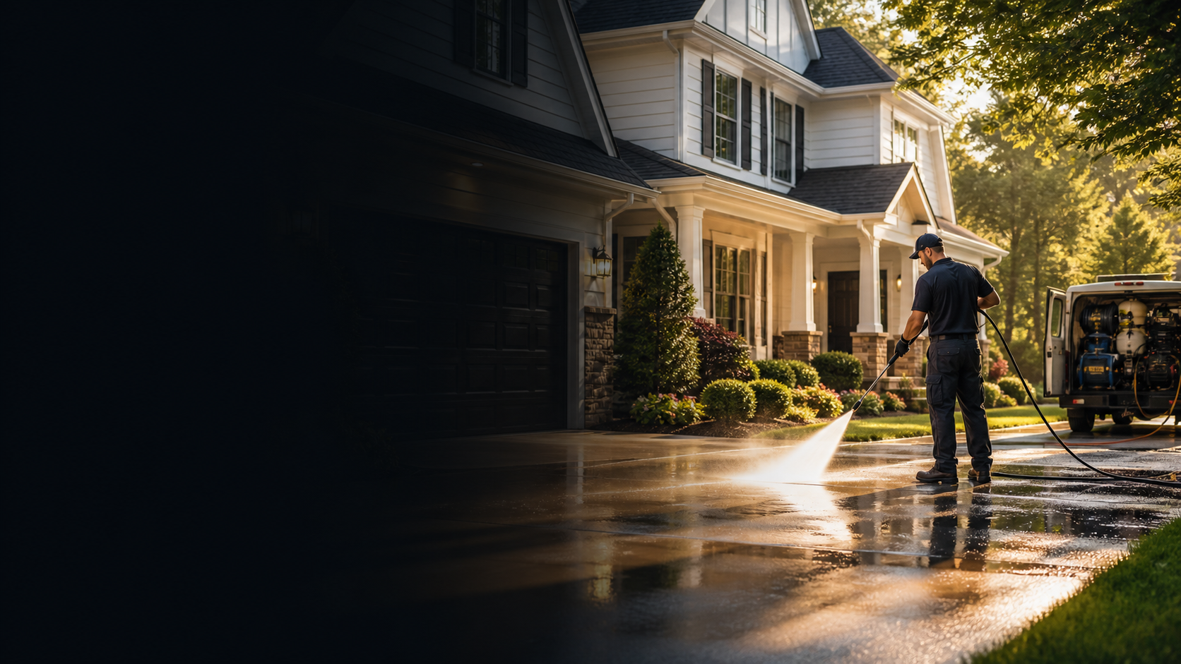 Freshly cleaned driveway and home exterior after pressure washing